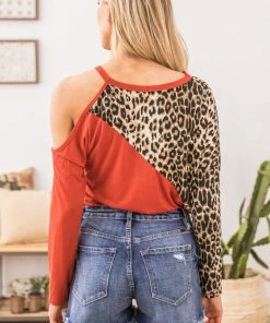 Shop Basic Red Animal Print Colorblock Top With Cutout
