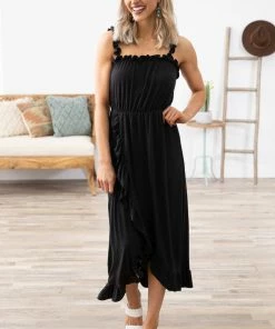 Shop Basic USA Dresses Black Ruffle Trim Knit Maxi Dress