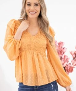 Hailey And Co Peach Smocked Bodice Swiss Dot Long Sleeve Top