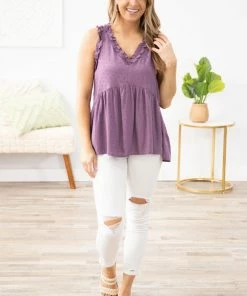 Staccato Tops Eggplant Swiss Dot Ruffle Trim Babydoll Tank