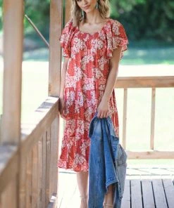 WHOLE SALE FASHION TRENDS Rust Floral Print Puff Sleeve Midi Dress