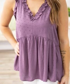 Staccato Tops Eggplant Swiss Dot Ruffle Trim Babydoll Tank