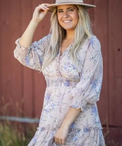 Jodifl Tan Drop Waist Surplice Floral Ruffled Dress