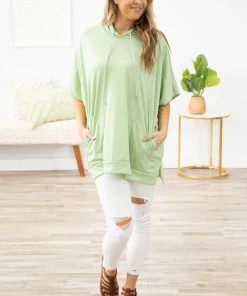 Blumin Apparel Tops Mint Drop Shoulder Hooded Top With Slide Slit