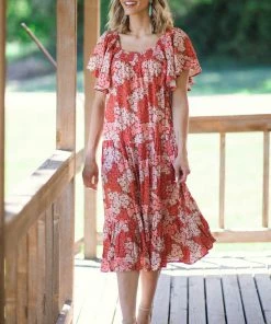 WHOLE SALE FASHION TRENDS Rust Floral Print Puff Sleeve Midi Dress