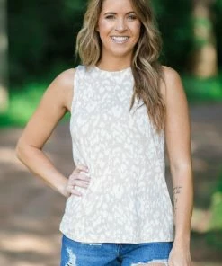 Twenty Second Tops Beige And White Animal Print Tank