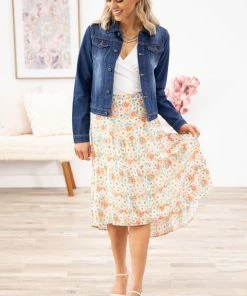 Supreme Fashion Peach And Turquoise Floral Print Skirt Bottoms