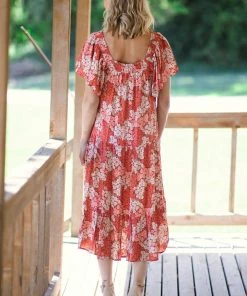 WHOLE SALE FASHION TRENDS Rust Floral Print Puff Sleeve Midi Dress