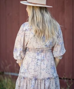 Jodifl Tan Drop Waist Surplice Floral Ruffled Dress