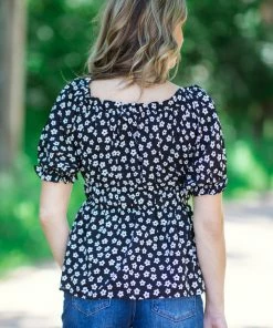 Staccato Tops Black And White Floral Print Puff Sleeve Top