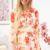 7th Ray Cream And Hot Pink Floral Tie Waist Dress Dresses