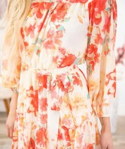 7th Ray Cream And Hot Pink Floral Tie Waist Dress Dresses