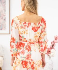 7th Ray Cream And Hot Pink Floral Tie Waist Dress Dresses