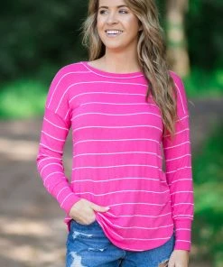 Summer 10 Hot Pink And White Stripe Long Sleeve Top Tops