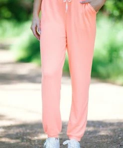 Zenana Bottoms Neon Coral Drawstring Waist Knit Joggers