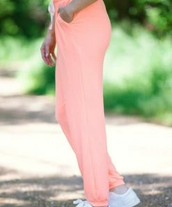 Zenana Bottoms Neon Coral Drawstring Waist Knit Joggers