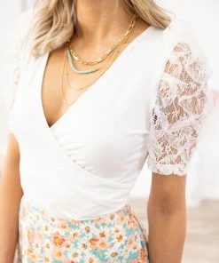 Shewin Tops White Lace Sleeve Surplice Front Bodysuit