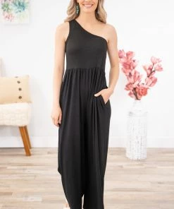 BE Stage Black Smocked Bodice One Shoulder Jumpsuit Dresses