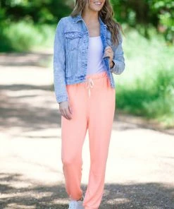 Zenana Bottoms Neon Coral Drawstring Waist Knit Joggers