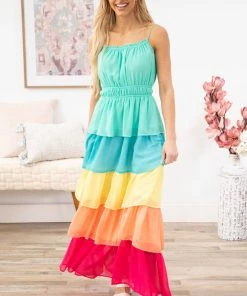 Flying Tomato Turquoise Multicolor Colorblock Maxi Dress Dresses