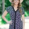 Sapphire Tops Black And White Ditsy Floral V-Neck Top