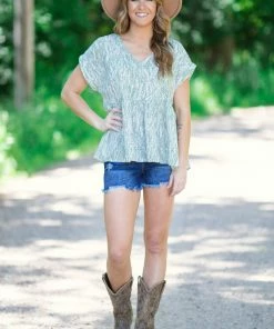 Staccato Sage Leaf Print V-Neck Babydoll Top