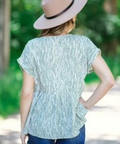 Staccato Sage Leaf Print V-Neck Babydoll Top
