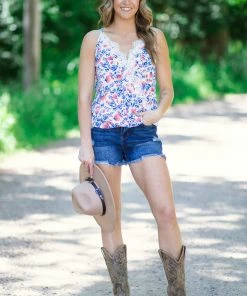 Staccato Royal And Coral Floral Tank With Lace Trim