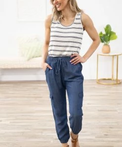 Staccato Tops Ivory And Navy Textured Stripe Tank
