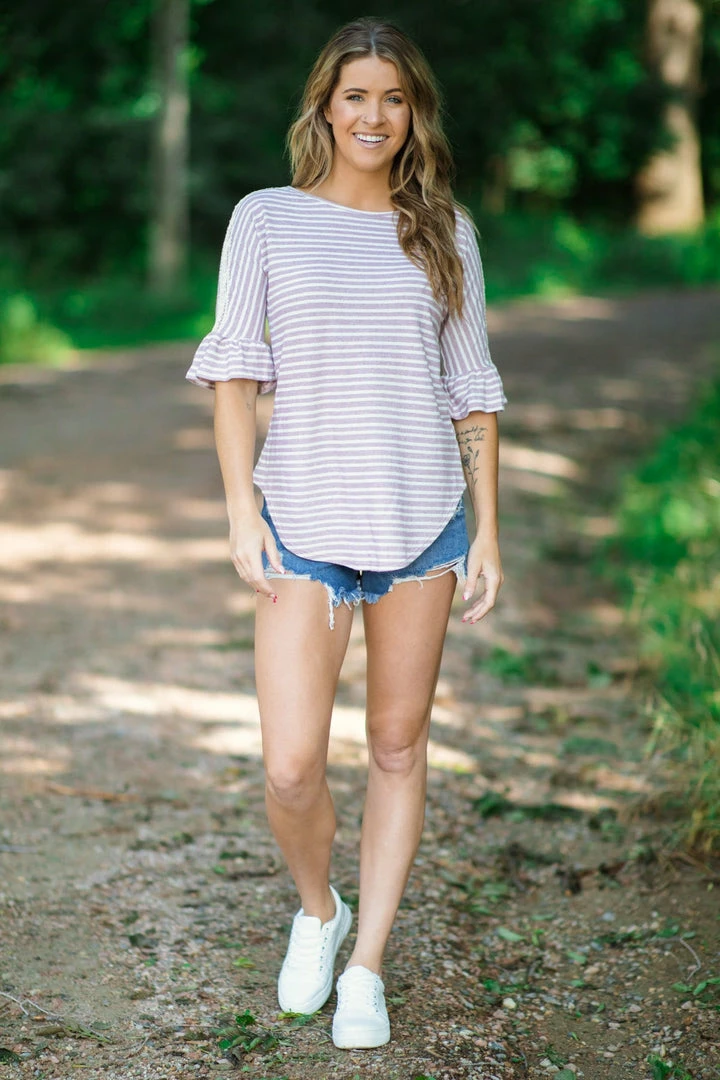 Hailey And Co Tops Mauve And White Stripe Crochet Shoulder Top 4 Hailey And Co Tops Mauve And White Stripe Crochet Shoulder Top