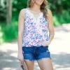 Staccato Royal And Coral Floral Tank With Lace Trim