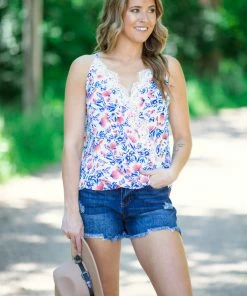 Staccato Royal And Coral Floral Tank With Lace Trim