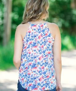 Staccato Royal And Coral Floral Tank With Lace Trim