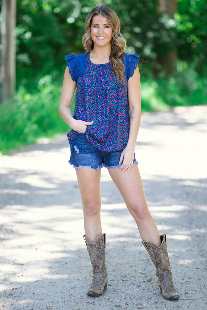 Staccato Navy Cherry Print Top With Crochet Ruffle Trim 4 Staccato Navy Cherry Print Top With Crochet Ruffle Trim