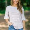 Hailey And Co Tops Mauve And White Stripe Crochet Shoulder Top