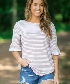 Hailey And Co Tops Mauve And White Stripe Crochet Shoulder Top