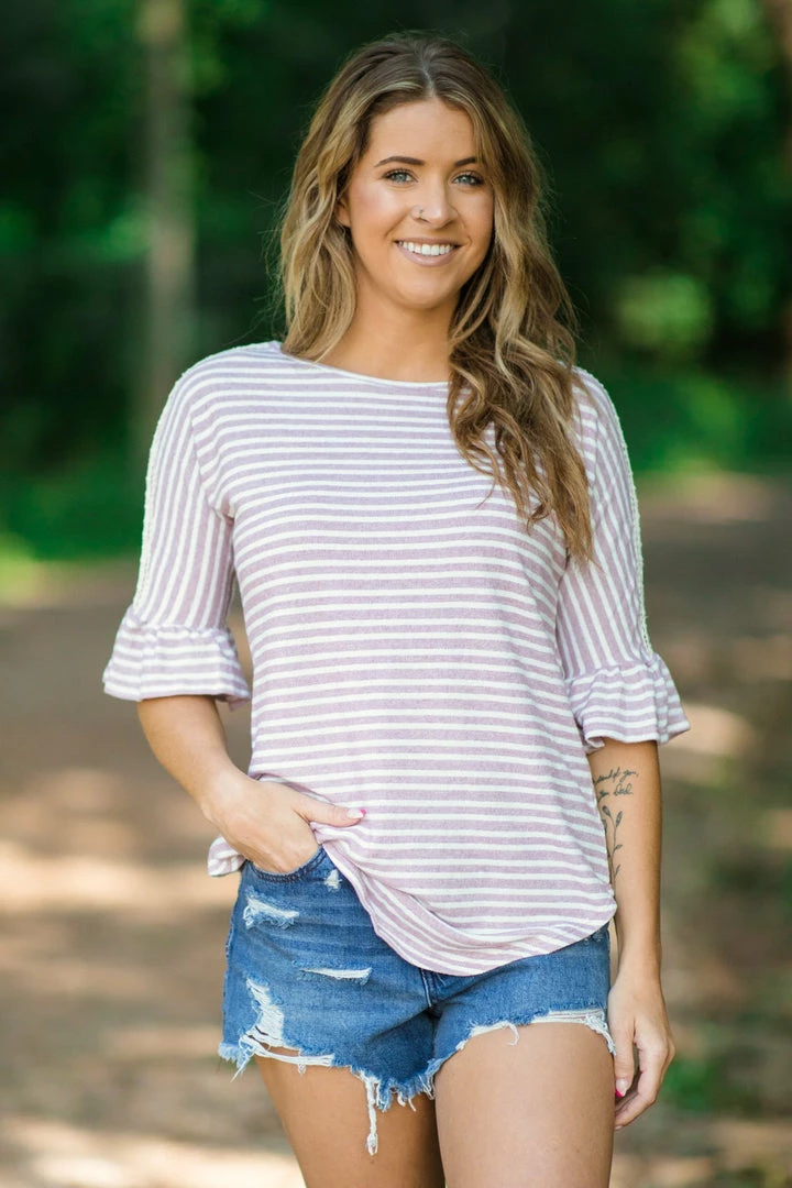 Hailey And Co Tops Mauve And White Stripe Crochet Shoulder Top 3 Hailey And Co Tops Mauve And White Stripe Crochet Shoulder Top