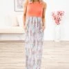 EG Fashion Coral And Pastel Blue Floral Print Maxi Dress