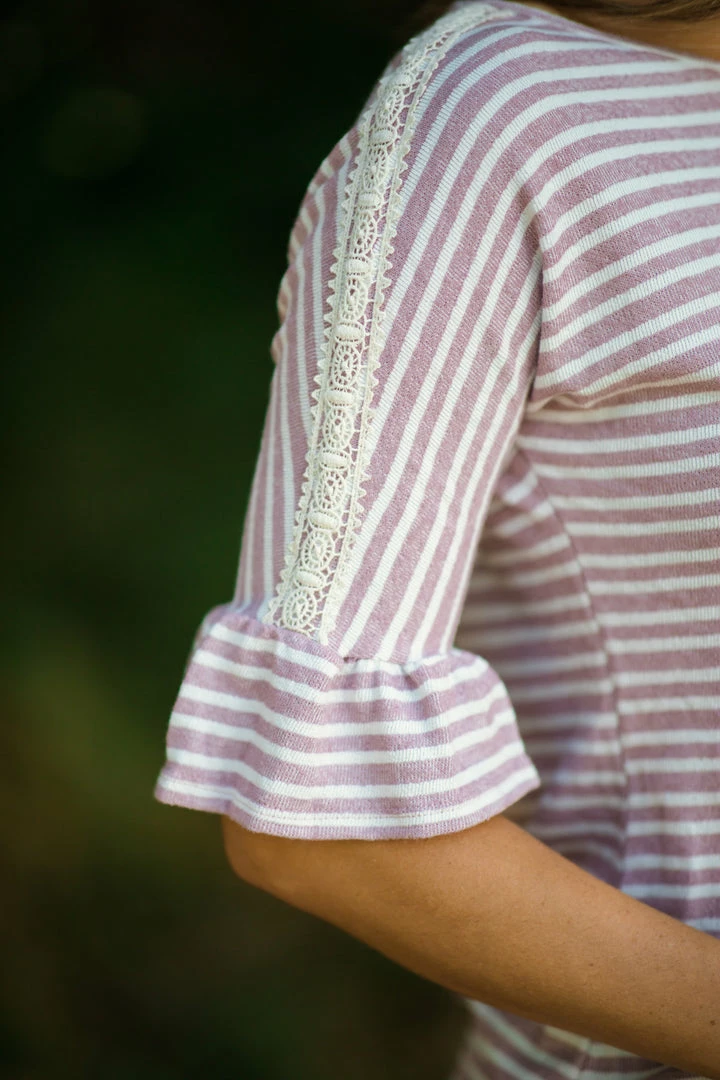 Hailey And Co Tops Mauve And White Stripe Crochet Shoulder Top 5 Hailey And Co Tops Mauve And White Stripe Crochet Shoulder Top