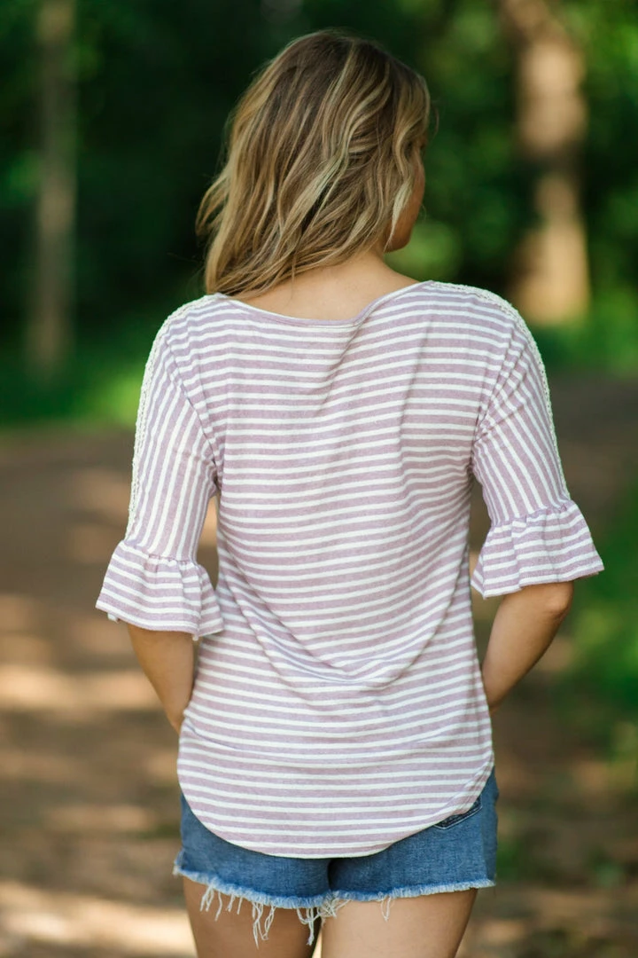 Hailey And Co Tops Mauve And White Stripe Crochet Shoulder Top 6 Hailey And Co Tops Mauve And White Stripe Crochet Shoulder Top