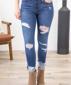 Rewash Bottoms Dark Wash Distressed Fray Hem Jeans