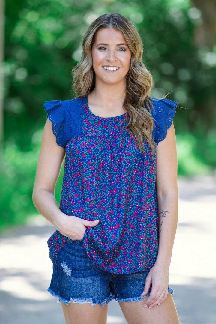 Staccato Navy Cherry Print Top With Crochet Ruffle Trim 3 Staccato Navy Cherry Print Top With Crochet Ruffle Trim