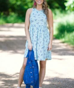 EC Collection Sage Floral Elastic Waist Ribbed Dress