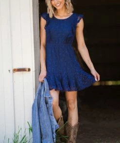 Kori America Slate Blue Lace Flutter Sleeve Dress Dresses