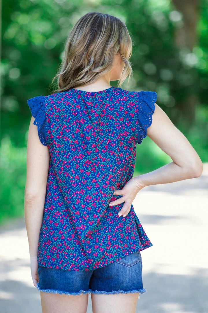 Staccato Navy Cherry Print Top With Crochet Ruffle Trim 5 Staccato Navy Cherry Print Top With Crochet Ruffle Trim