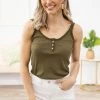 ANGIE Olive Lace Trim Henley Tank Tops