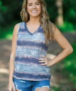 Twenty Second Slate Blue And Coral Tie Dye Tank Tops
