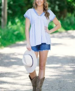 Staccato Tops Cornflower And White Lace Trim Pinstripe Top