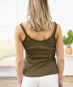 ANGIE Olive Lace Trim Henley Tank Tops