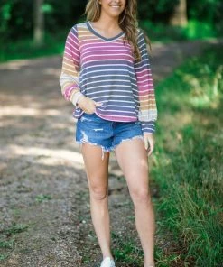 Andree By Unit Charcoal Multicolor Stripe V-Neck Top Tops